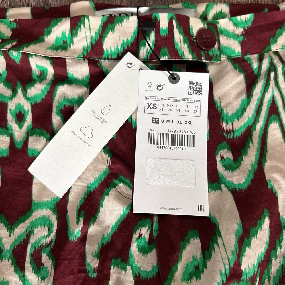 NWT Zara Printed Wide Leg Cotton Pants Sz XS Green & Brown 70s Boho - Picture 6 of 9